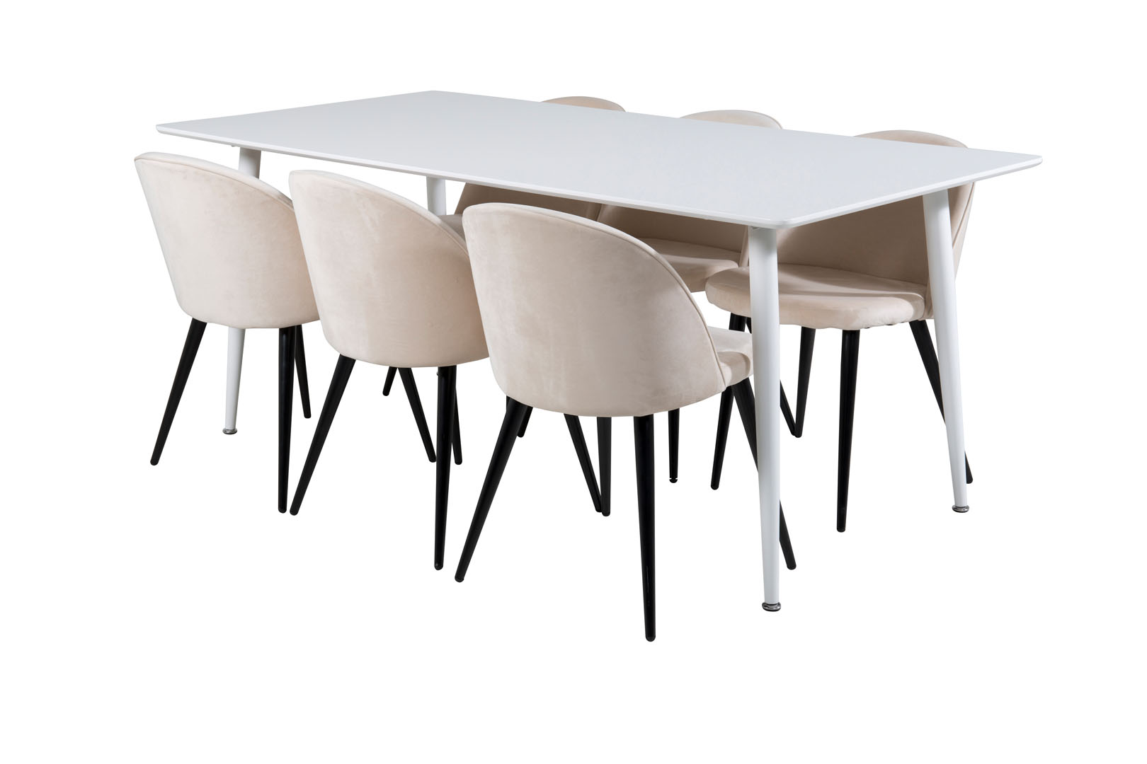 Polar180X90WHWH spisebordssæt spisebord hvid og 6 Velvet stole velour beige, sort
