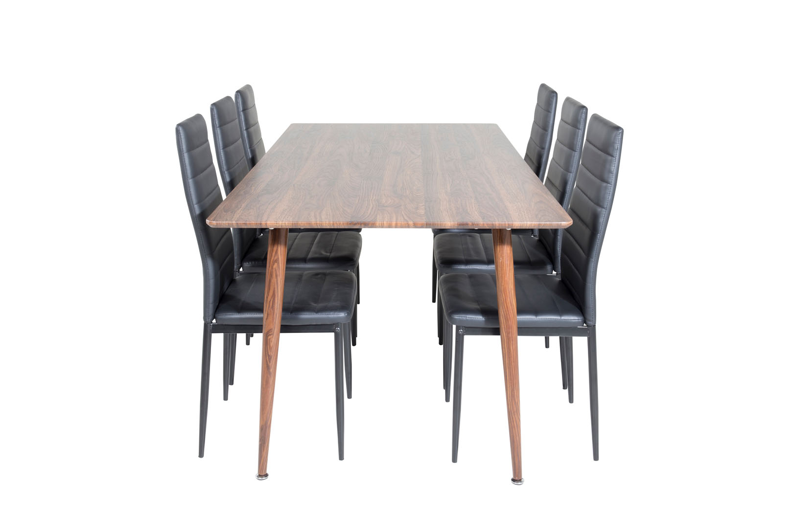 Polar180X90WNWN spisebordssæt spisebord valnød dekor og 6 Slim High Back stole PU kunstlæder sort