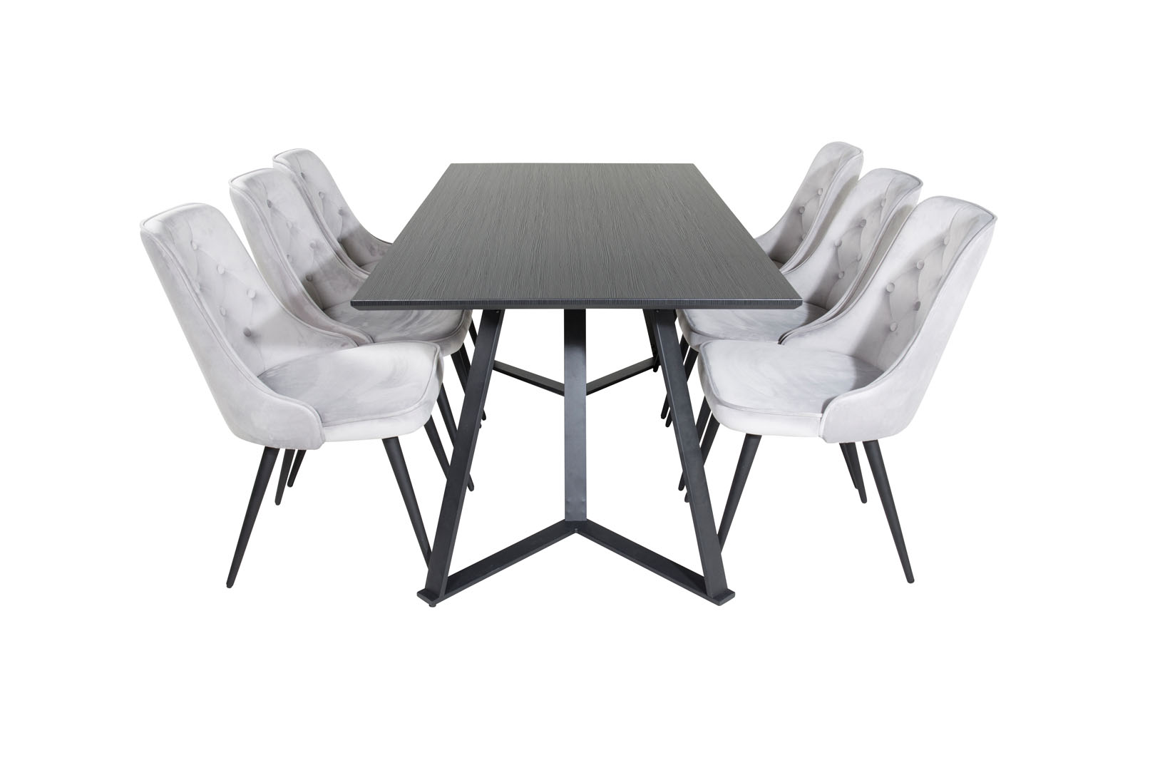 MarinaBLBL spisebordssæt spisebord sort og 6 Velvet Deluxe stole velour lysegrå