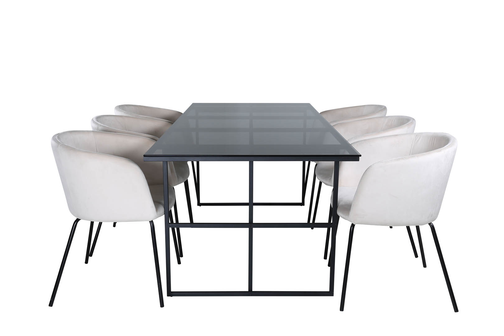 Leif spisebordssæt spisebord røgfarvet glas og 6 Berit stole velour beige