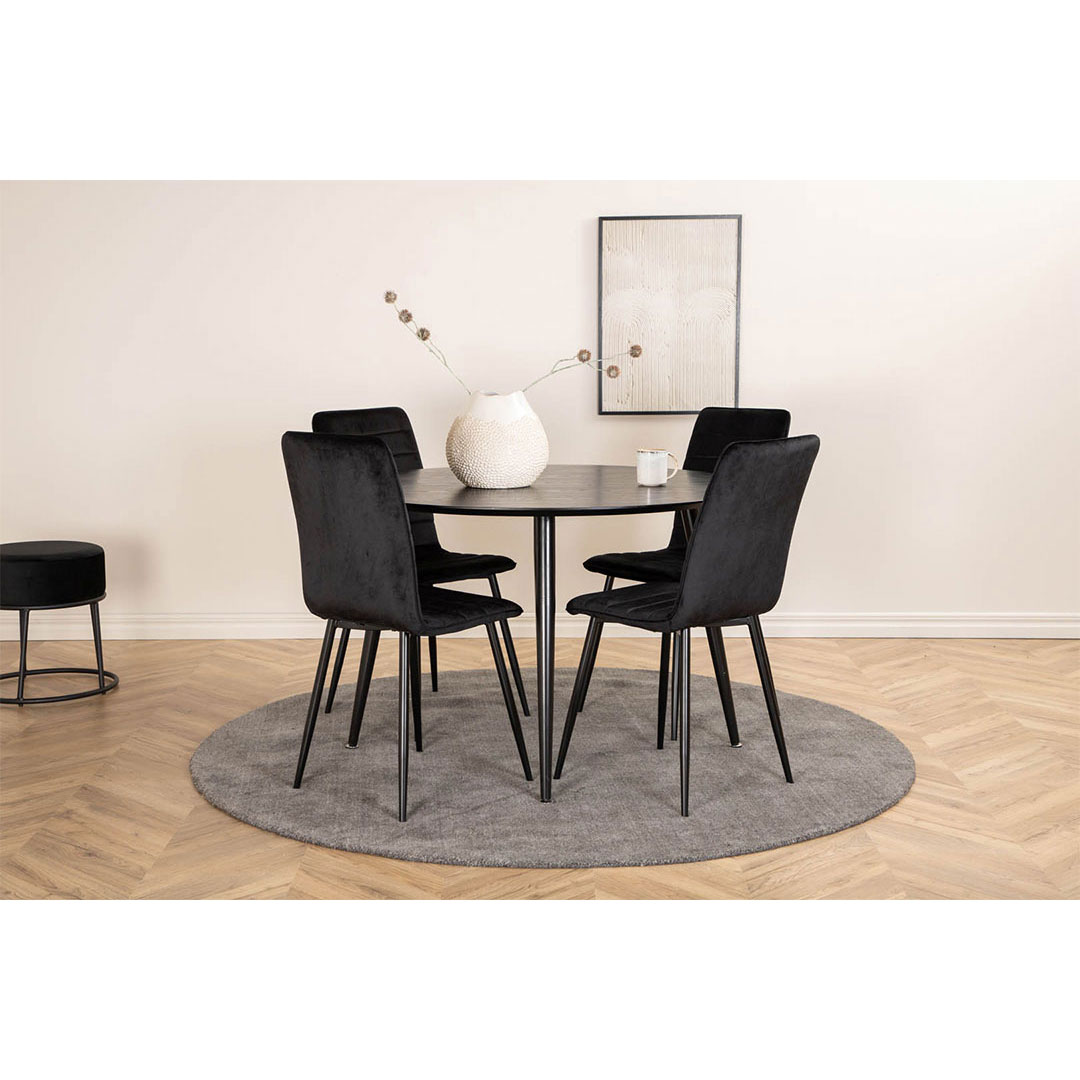 DippØ115BLBL spisebordssæt spisebord sort og 4 Windu Lyx stole velour sort