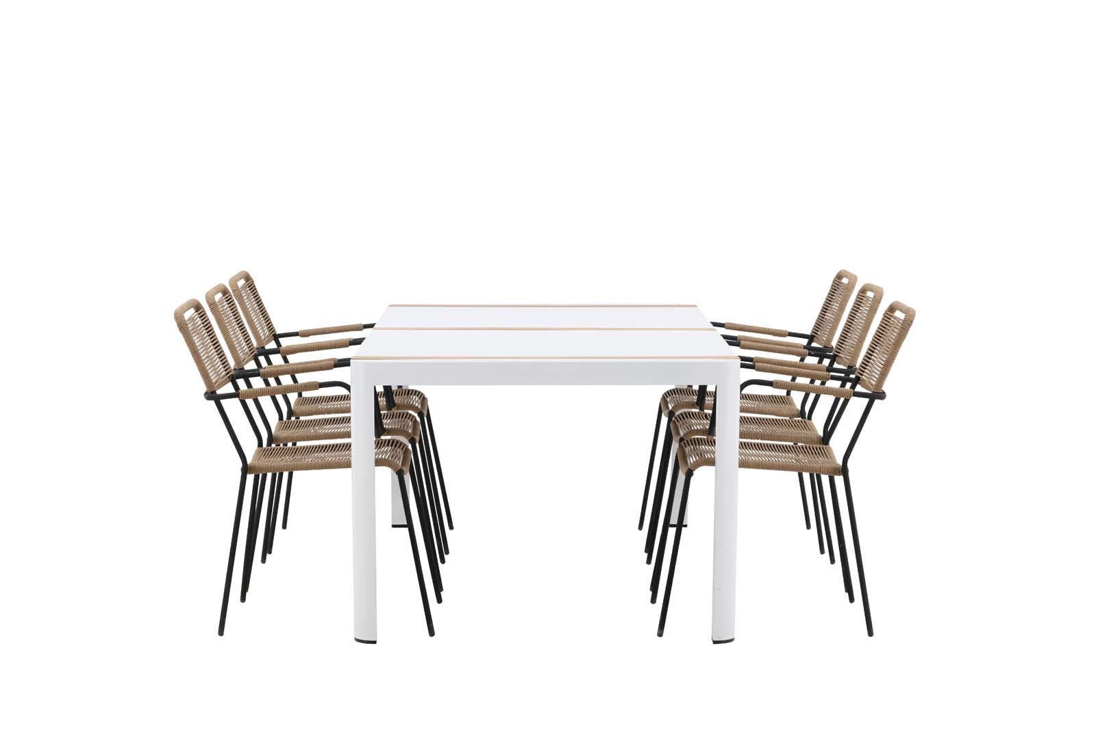 Togo havesæt bord 100x200cm hvid, 6 stole Lindos brun