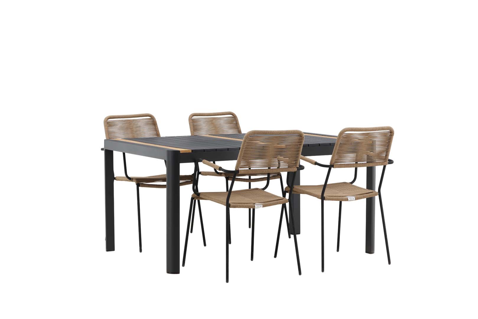 Togo havesæt bord 90x150cm sort, 4 stole Lindos brun