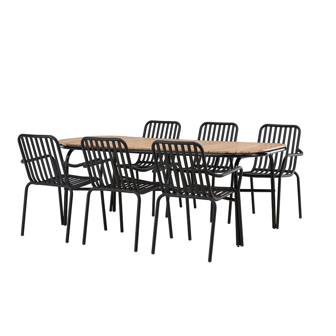 Holmbeck havesæt bord 90x200cm natur, 6 stole sort