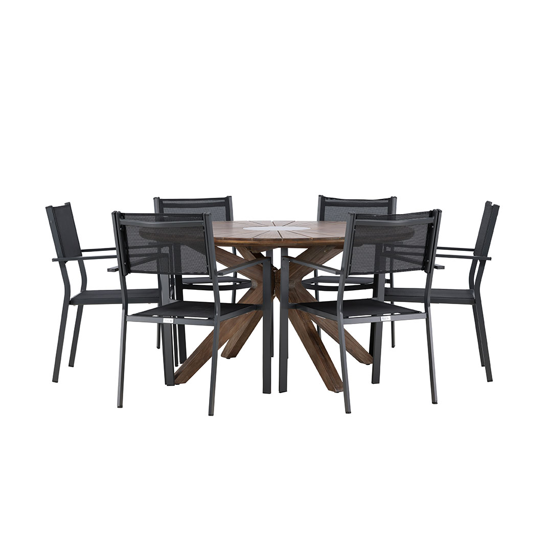 Rosario havesæt bord Ø140cm brun, 6 stole sort