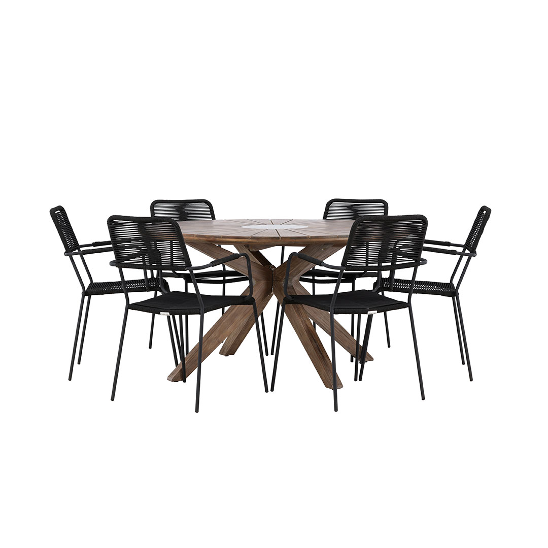 Rosario havesæt bord Ø140cm brun, 6 stole sort