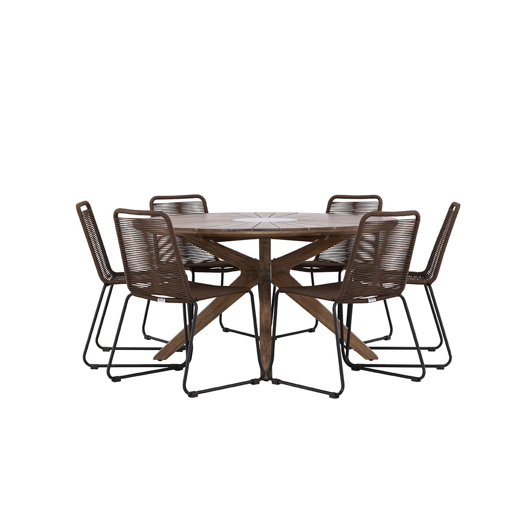 Rosario havesæt bord Ø140cm brun, 6 stole brun