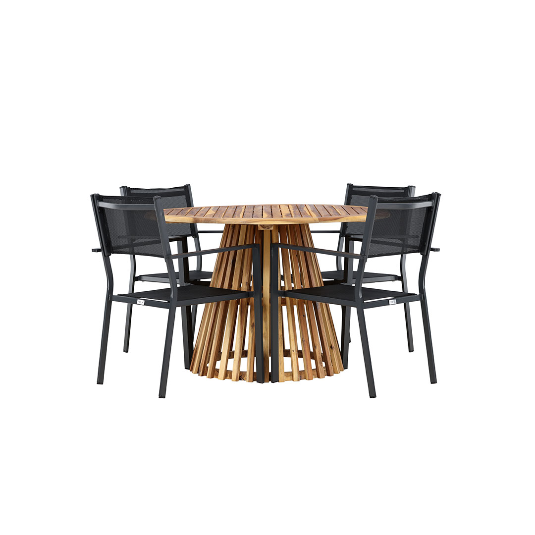 Lumpur havesæt bord Ø120cm natur, 4 stole sort