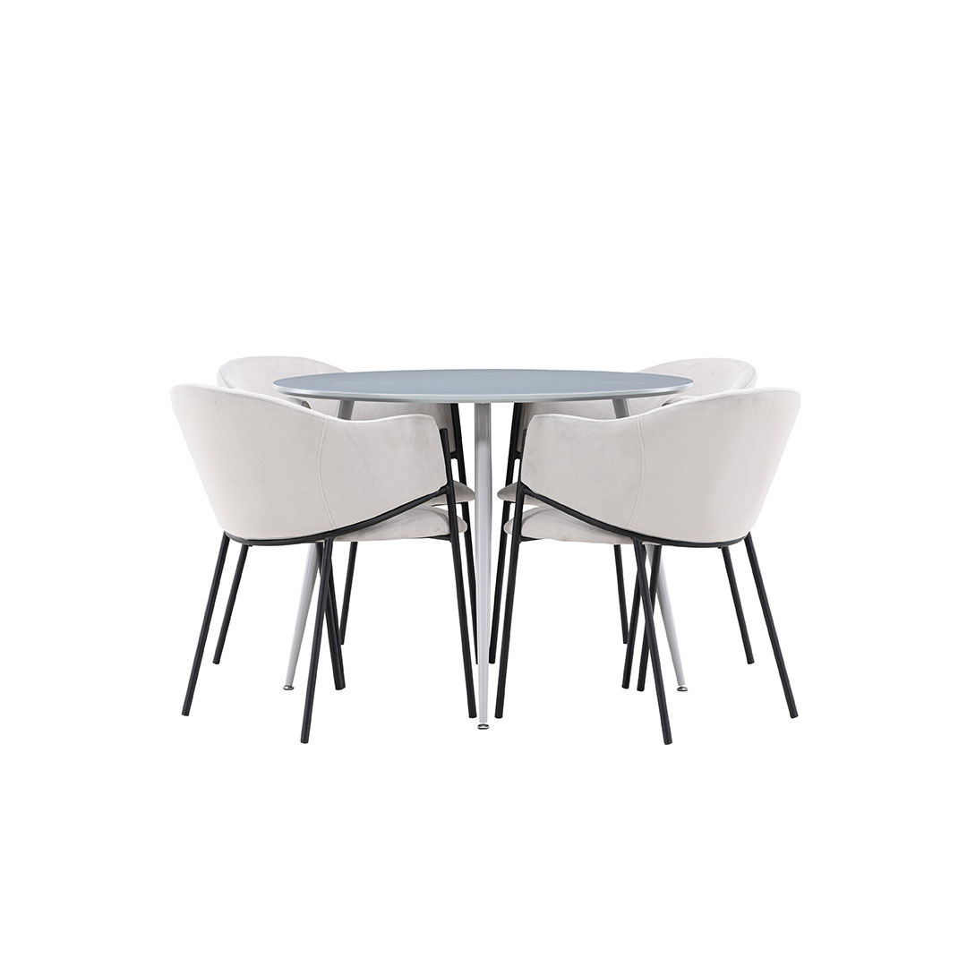 Plaza spisebordssæt bord Ø100cm og 4 velour stole med armlæn grå