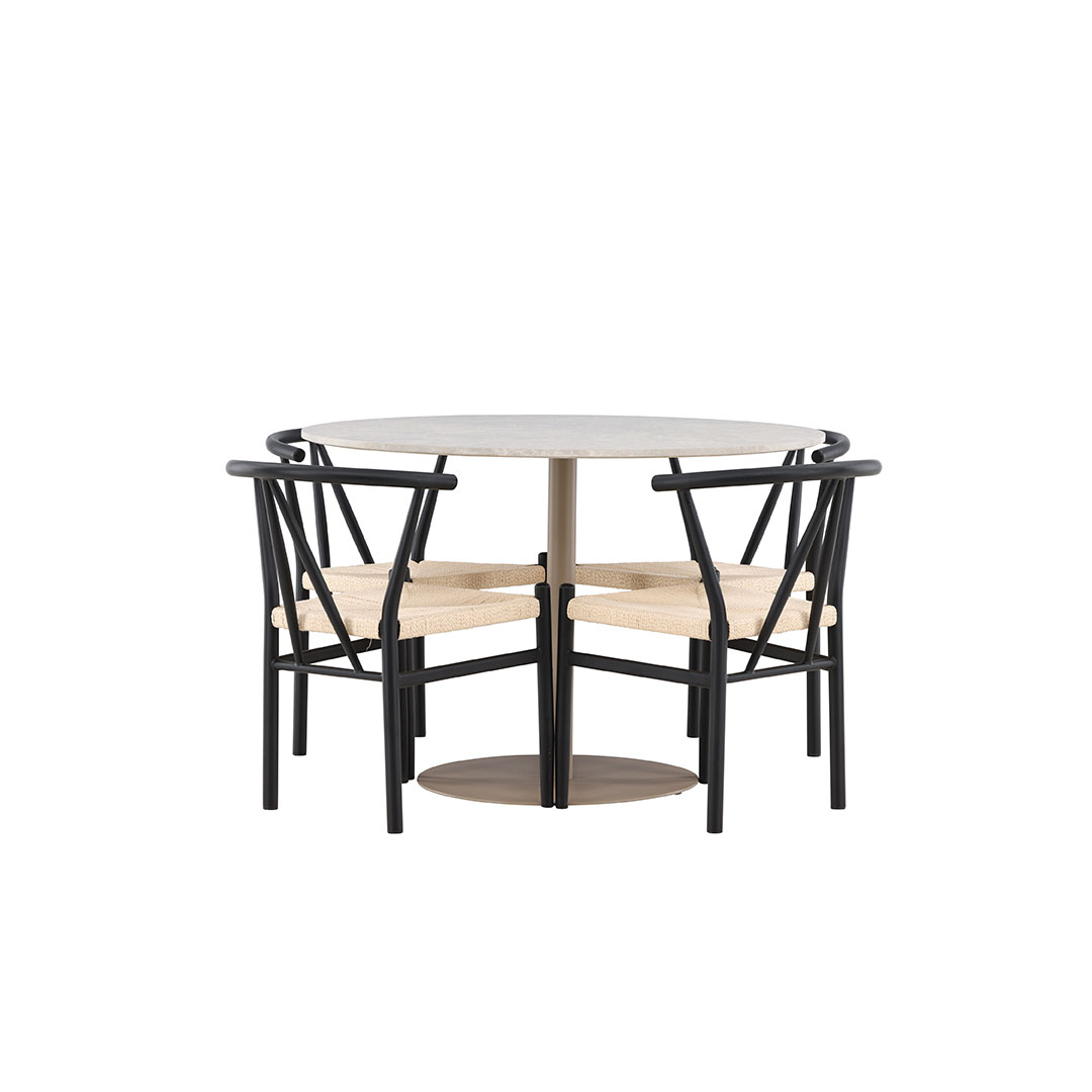 Lycke spisebordssæt bord Ø110cm og 4 stole med armlæn stabelbar beige