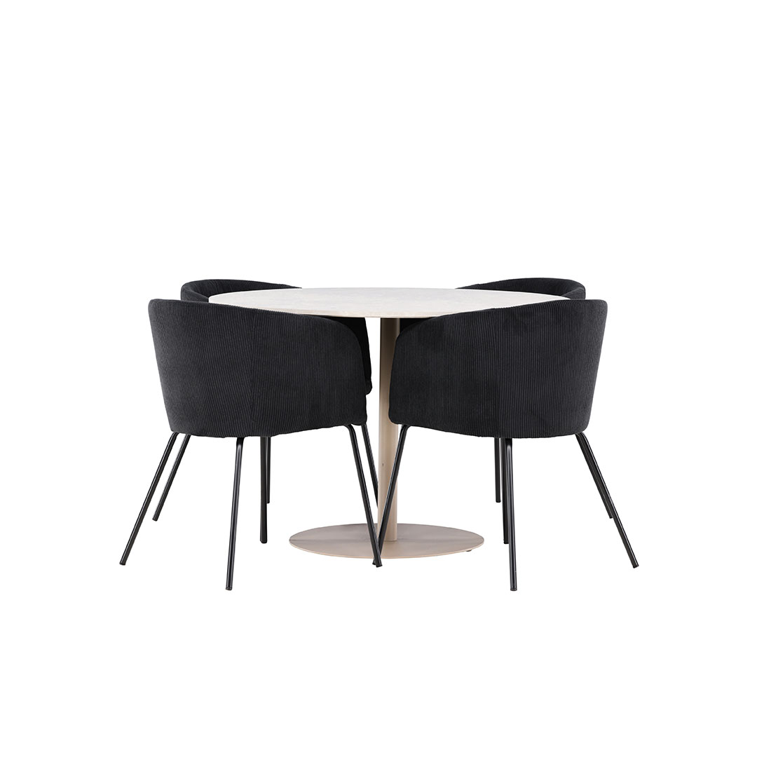 Lycke spisebordssæt bord Ø110cm og 4 fløjl stole med armlæn beige