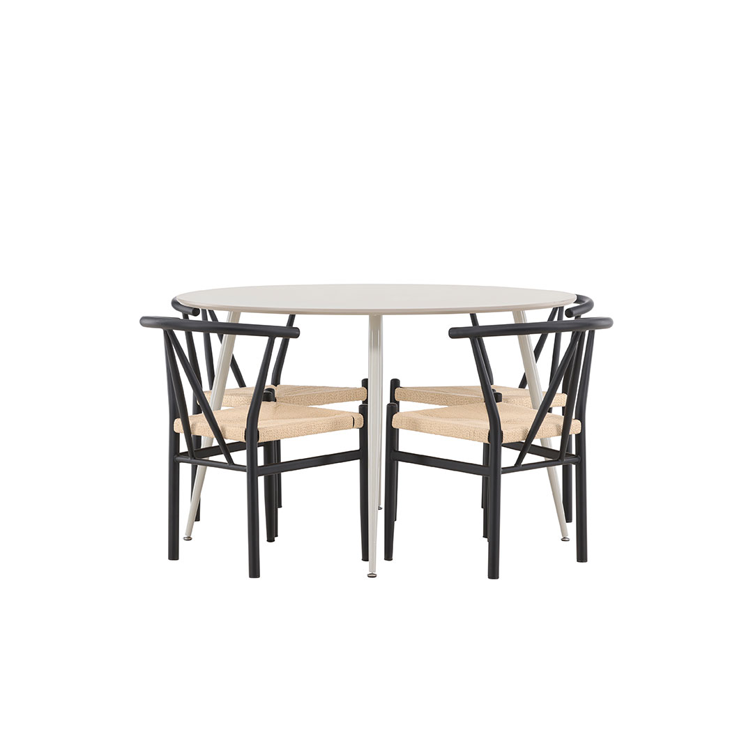 Plaza spisebordssæt bord Ø120cm og 4 stole med armlæn stabelbar beige