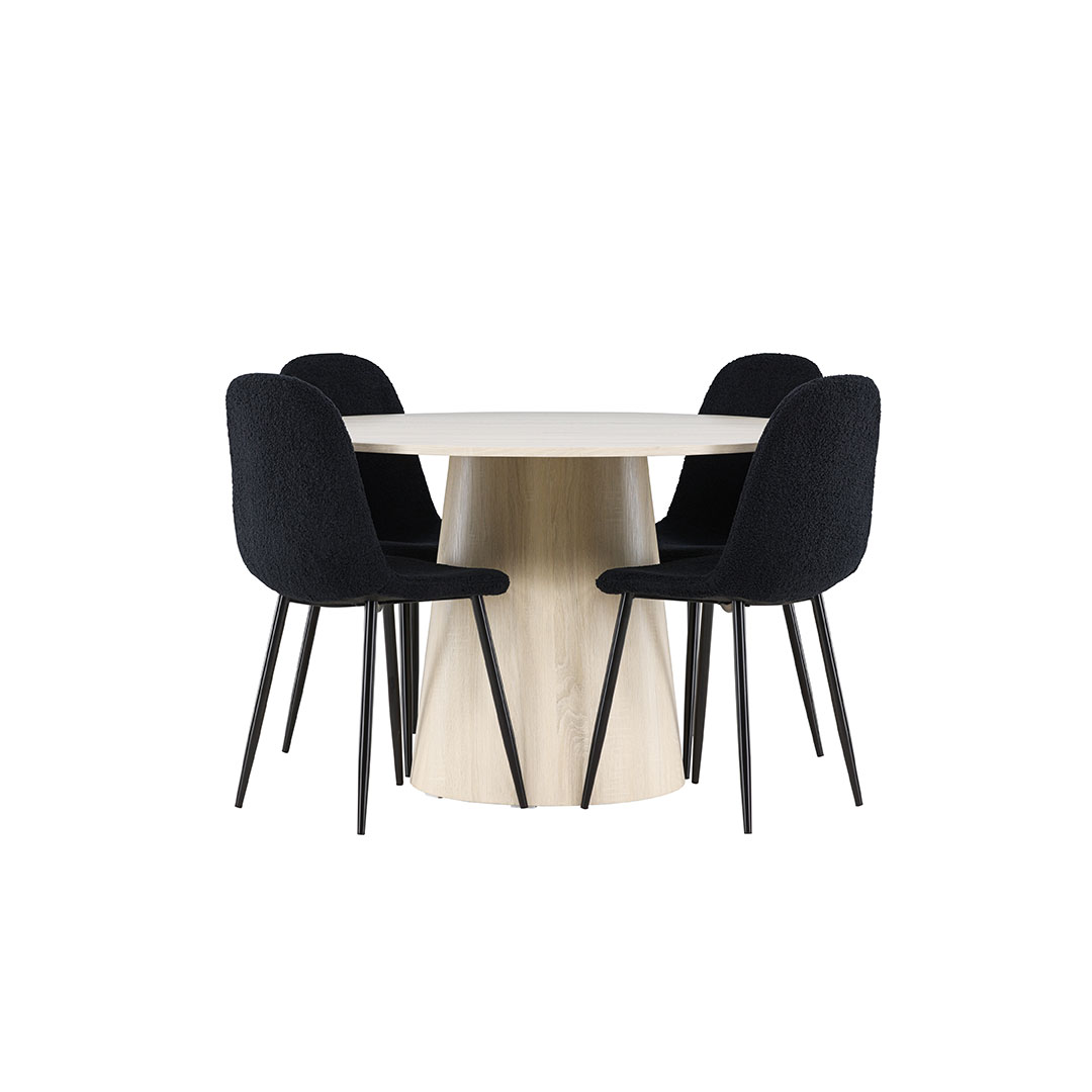 Lanzo spisebordssæt bord Ø120cm og 4 teddy stole whitewash