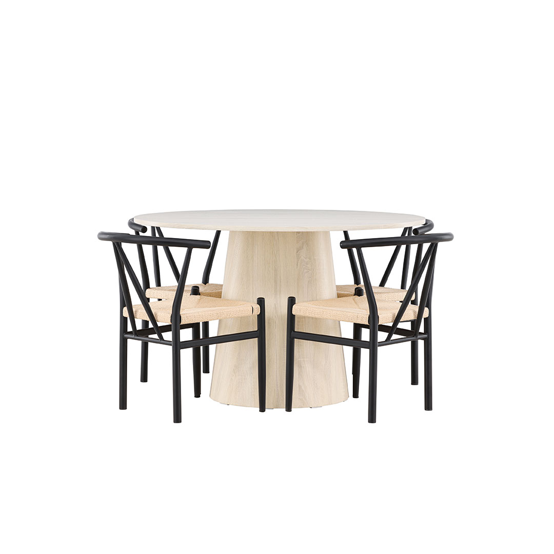 Lanzo spisebordssæt bord Ø120cm og 4 stole med armlæn stabelbar whitewash