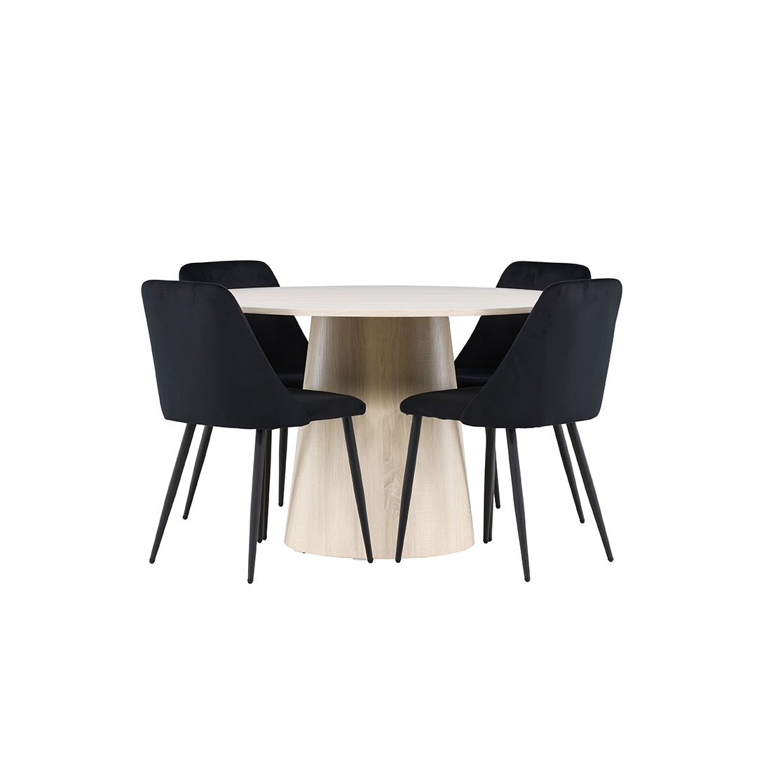 Lanzo spisebordssæt bord Ø120cm og 4 velour stole whitewash