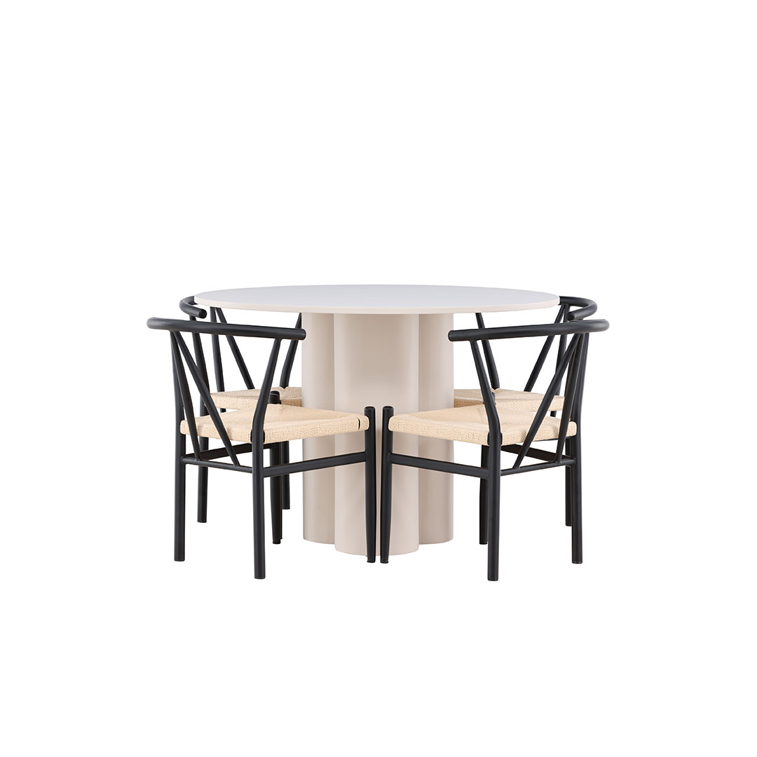 Olivia spisebordssæt bord Ø110cm og 4 stole med armlæn stabelbar beige