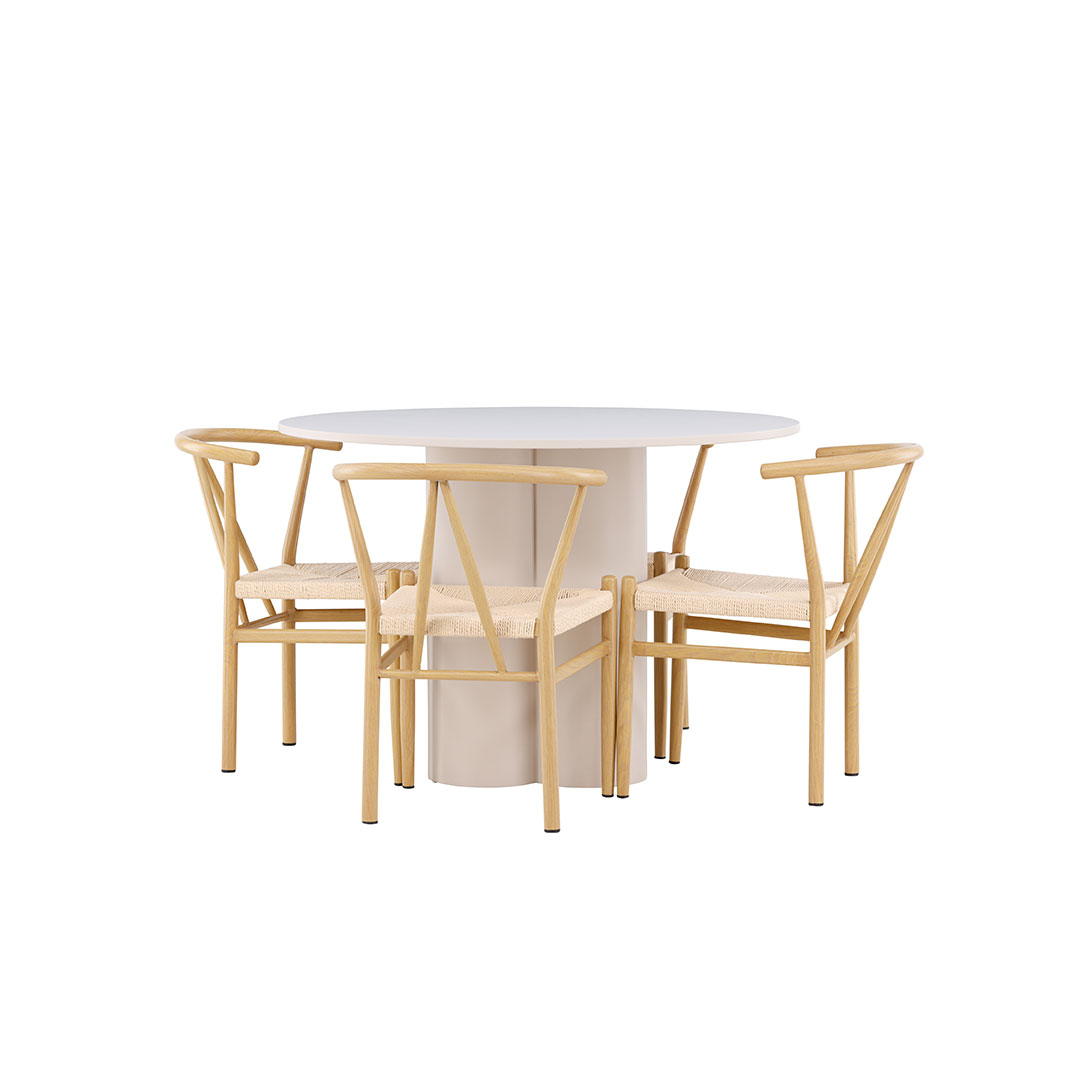 Olivia spisebordssæt bord Ø110cm og 4 stole med armlæn stabelbar beige