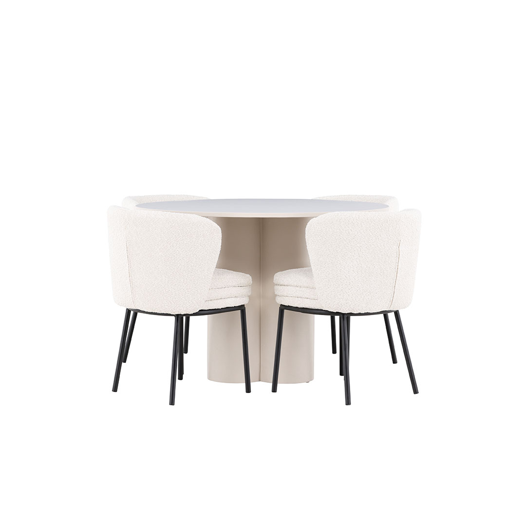 Olivia spisebordssæt bord Ø110cm og 4 boucle stole beige