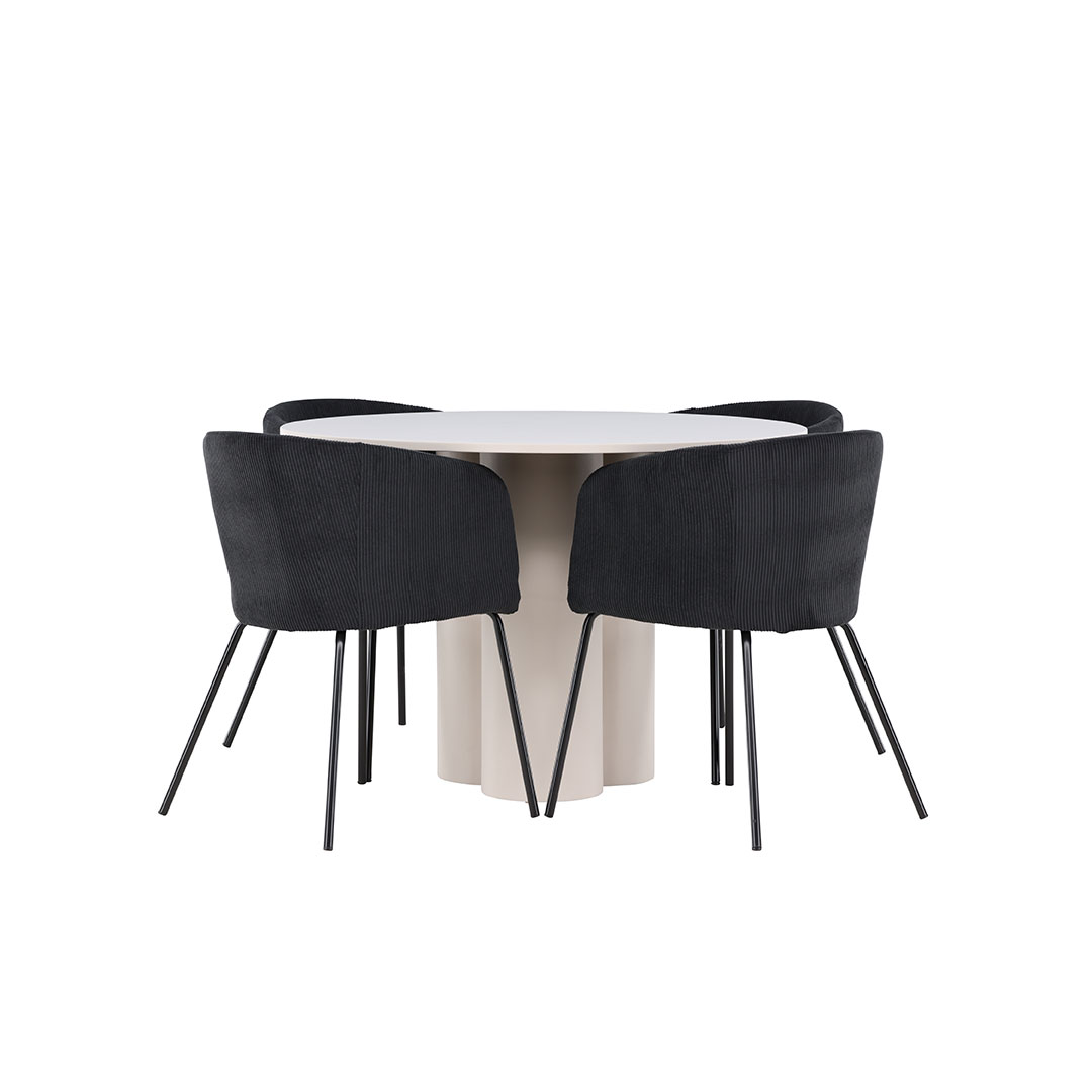 Olivia spisebordssæt bord Ø110cm og 4 fløjl stole med armlæn beige