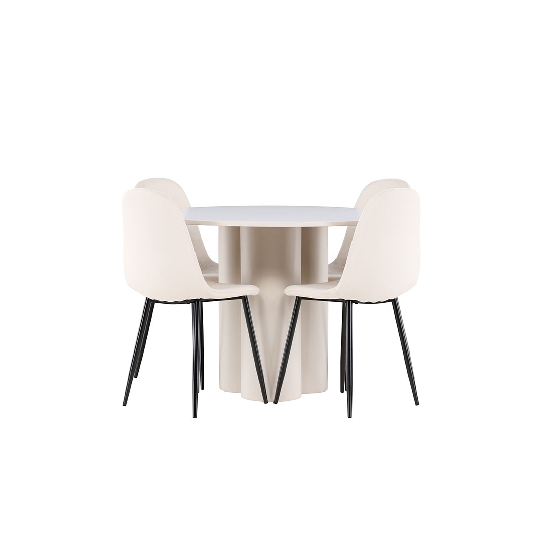 Olivia spisebordssæt bord Ø110cm og 4 velour stole beige