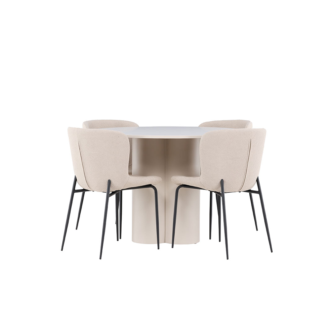 Olivia spisebordssæt bord Ø110cm og 4 boucle stole beige