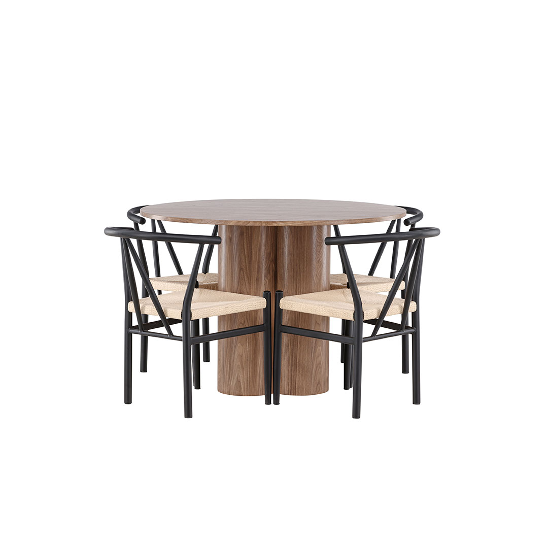 Olivia spisebordssæt bord Ø110cm og 4 stole med armlæn stabelbar brun