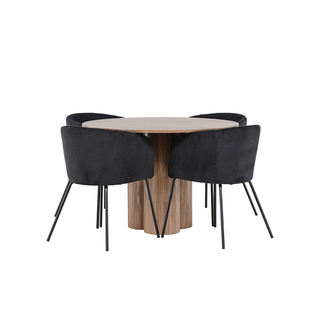 Olivia spisebordssæt bord Ø110cm og 4 fløjl stole med armlæn brun