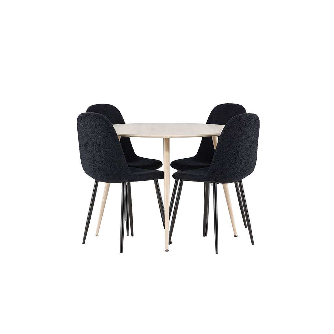 Plaza spisebordssæt bord Ø100cm og 4 teddy stole whitewash
