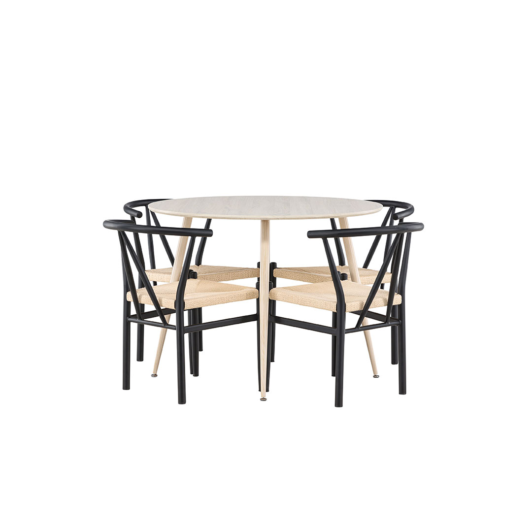 Plaza spisebordssæt bord Ø100cm og 4 stole med armlæn stabelbar whitewash