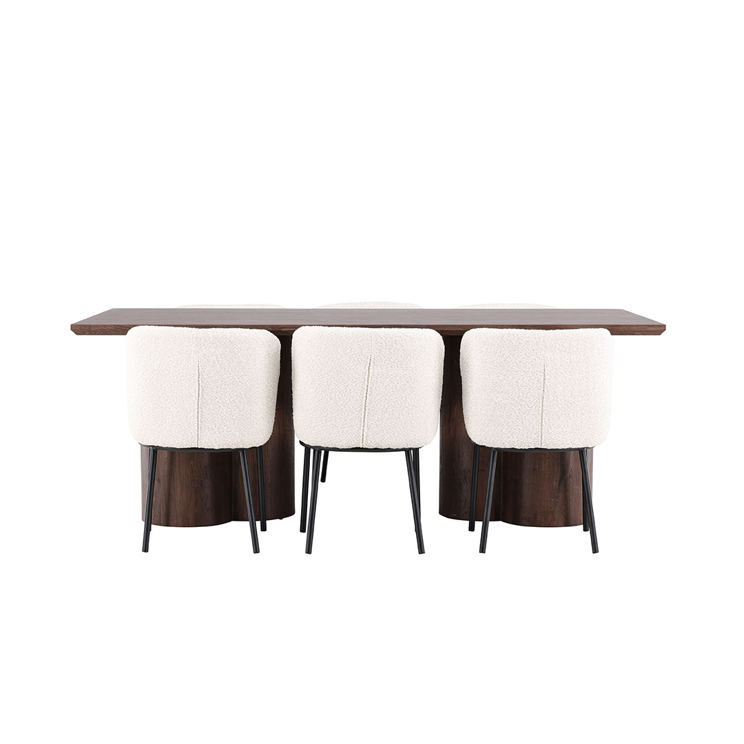 Olivia spisebordssæt bord 100x210cm og 6 boucle stole mocca