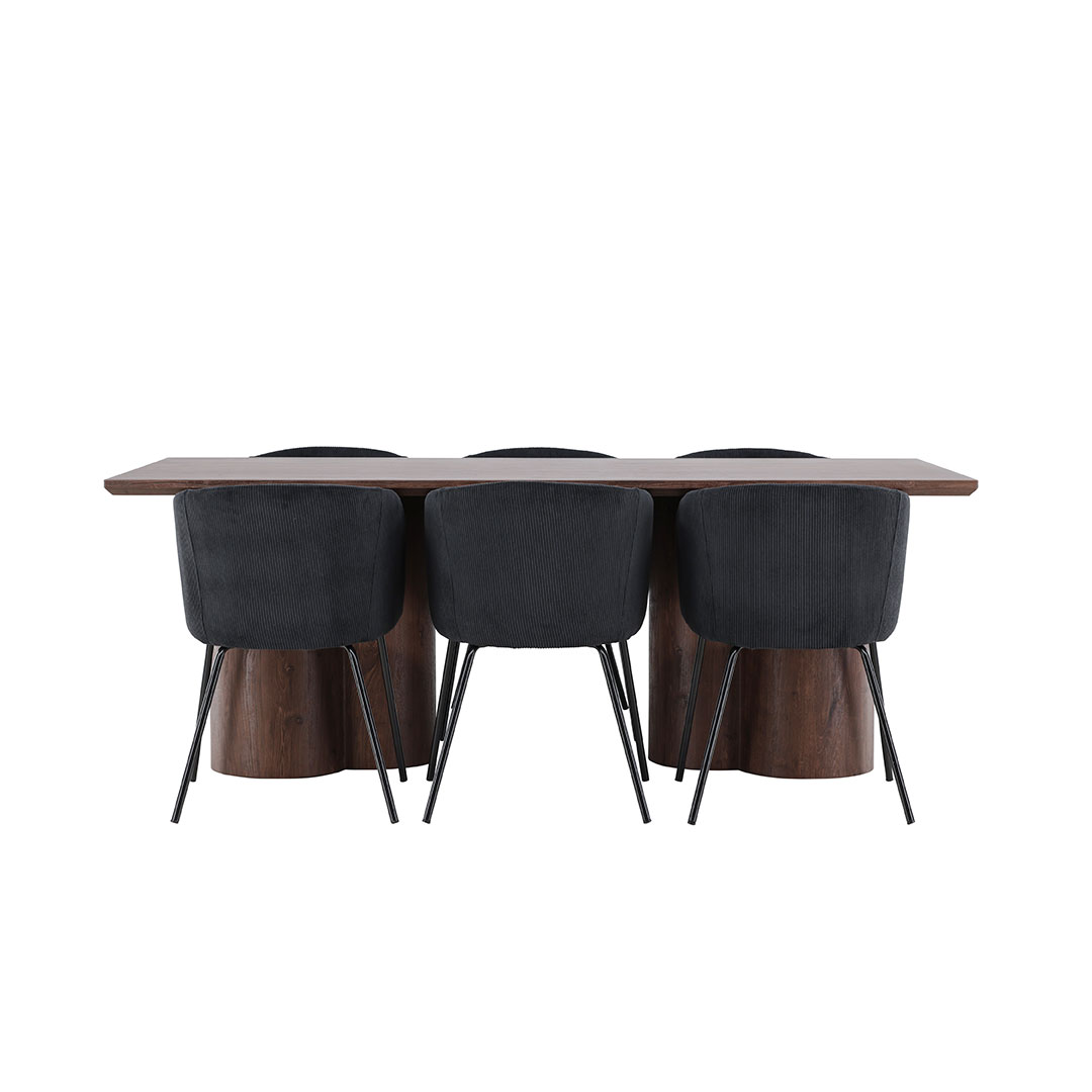 Olivia spisebordssæt bord 100x210cm og 6 fløjl stole med armlæn mocca