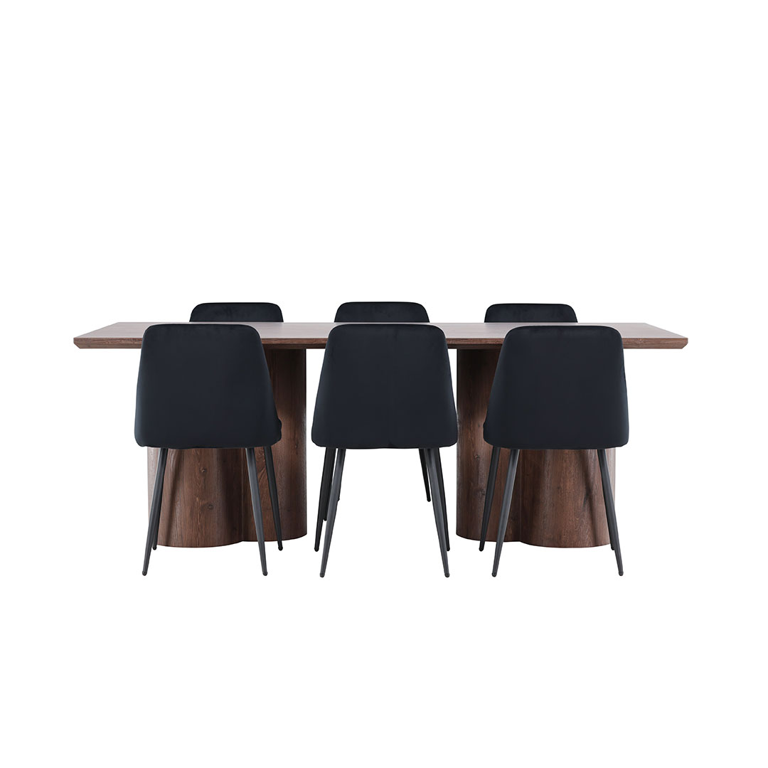 Olivia spisebordssæt bord 100x210cm og 6 velour stole mocca