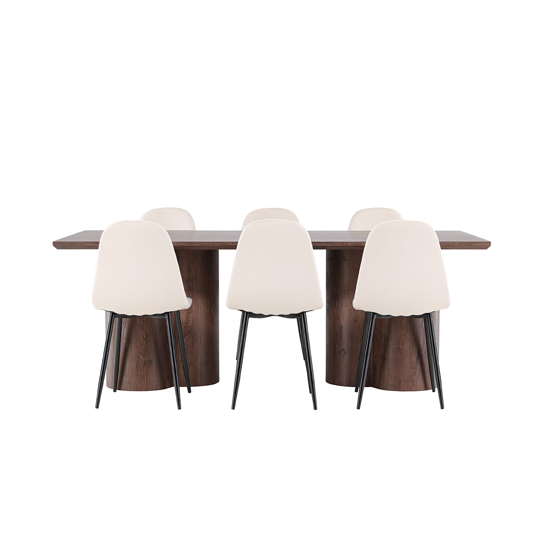 Olivia spisebordssæt bord 100x210cm og 6 velour stole mocca