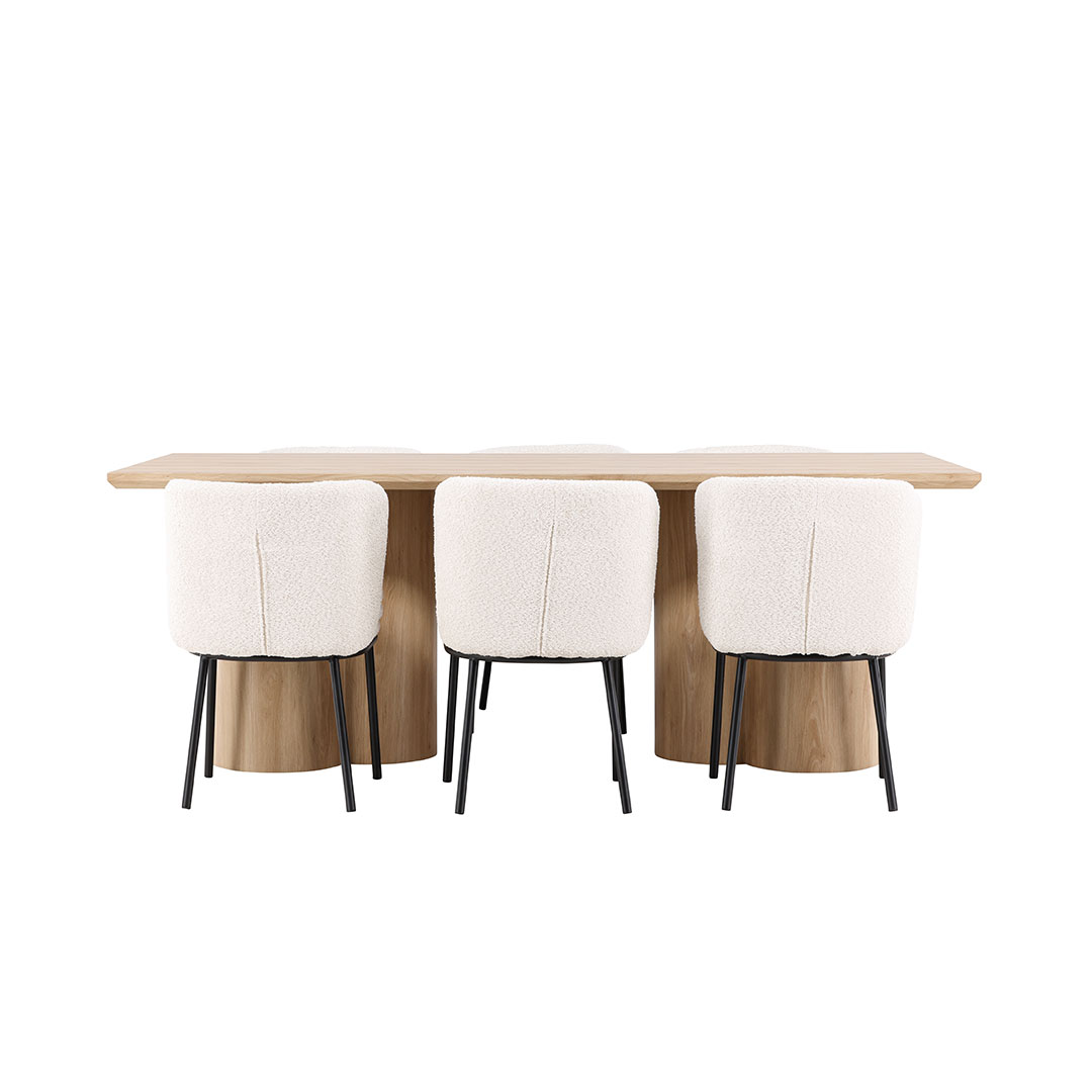 Olivia spisebordssæt bord 100x210cm og 6 boucle stole natur