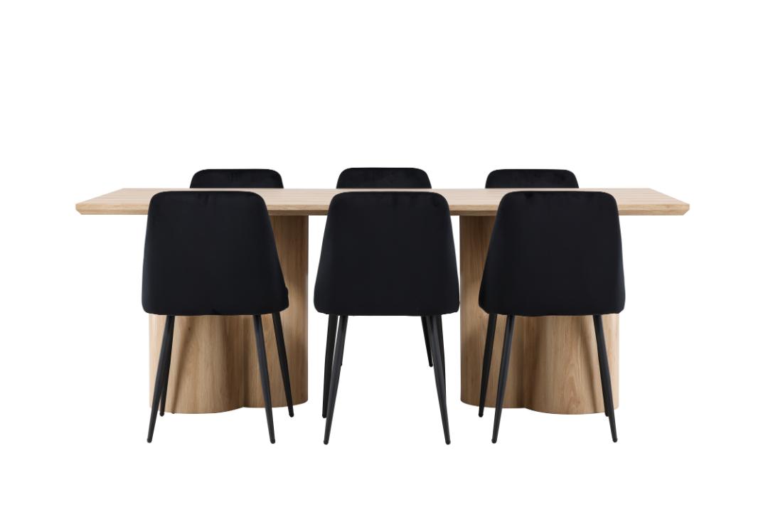 Olivia spisebordssæt bord 100x210cm og 6 stole natur, sort