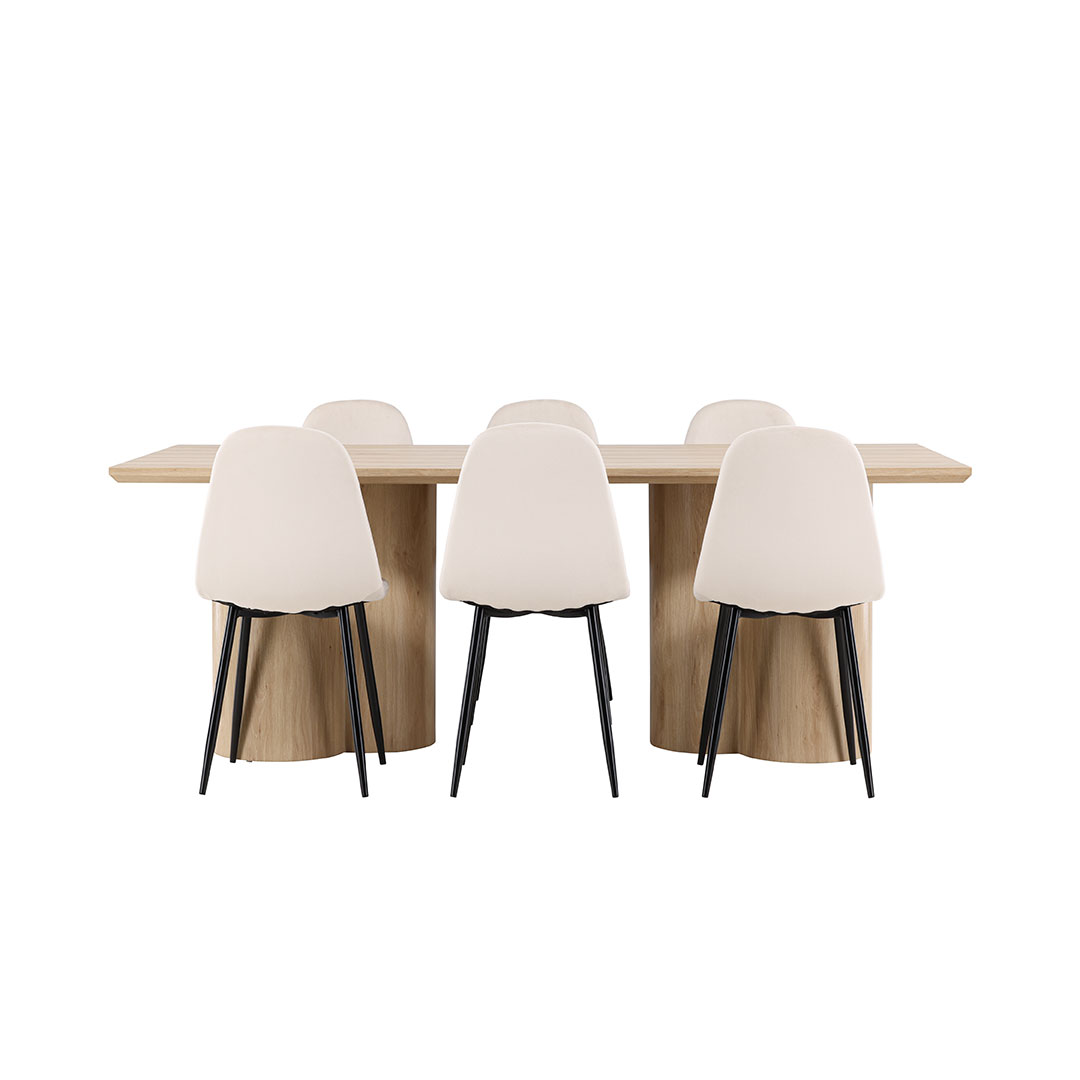 Olivia spisebordssæt bord 100x210cm og 6 velour stole natur