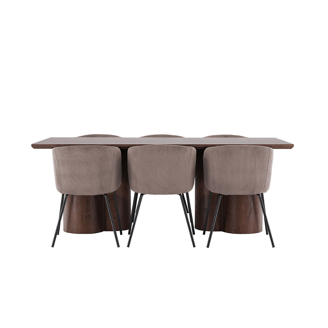 Olivia spisebordssæt bord 100x210cm og 6 fløjl stole med armlæn mocca