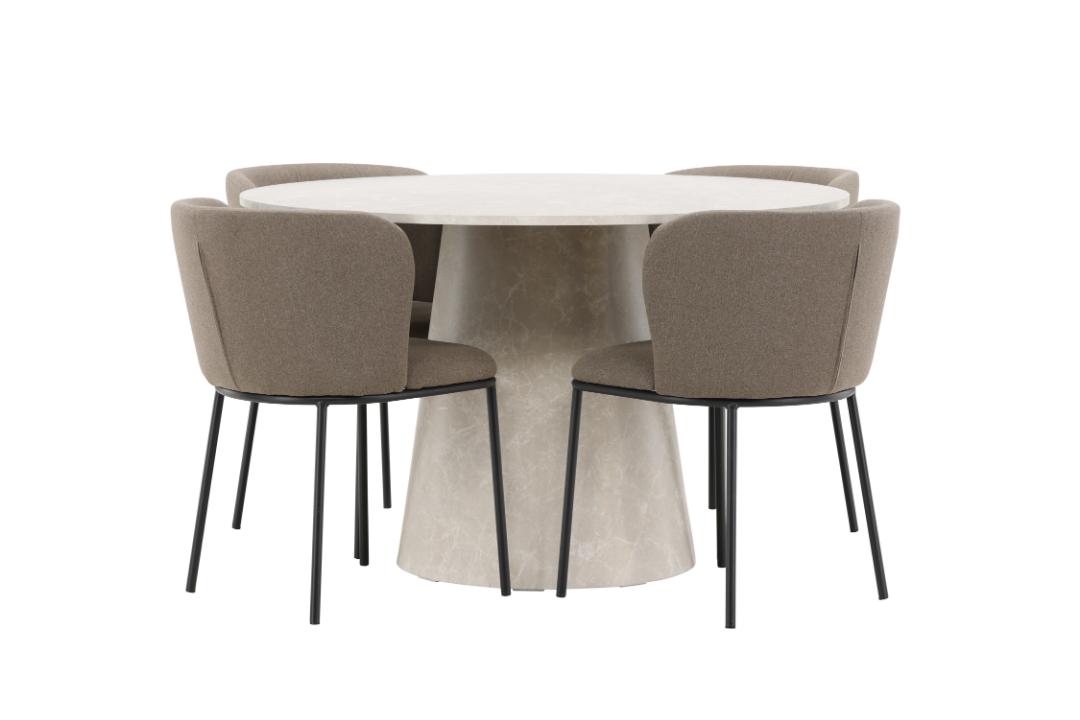 Lanzo spisebordssæt bord Ø120cm og 4 stole beige, brun
