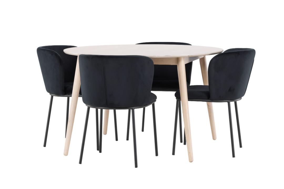 Flora spisebordssæt bord Ø120cm og 4 stole whitewash, sort