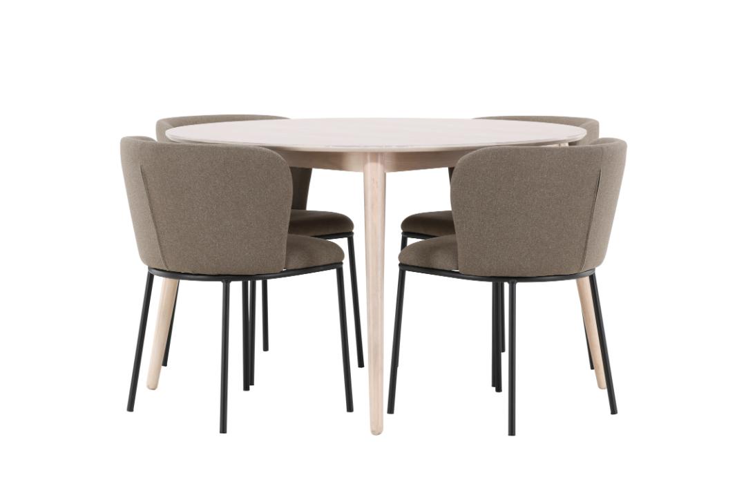 Flora spisebordssæt bord Ø120cm og 4 stole whitewash, brun