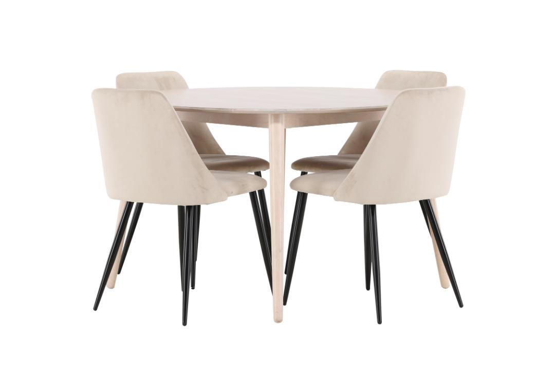 Flora spisebordssæt bord Ø120cm og 4 stole whitewash, beige