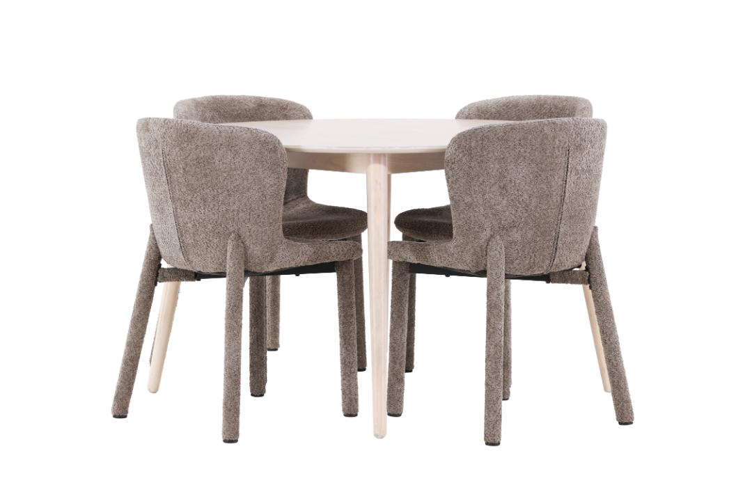 Flora spisebordssæt bord Ø120cm og 4 stole whitewash, brun