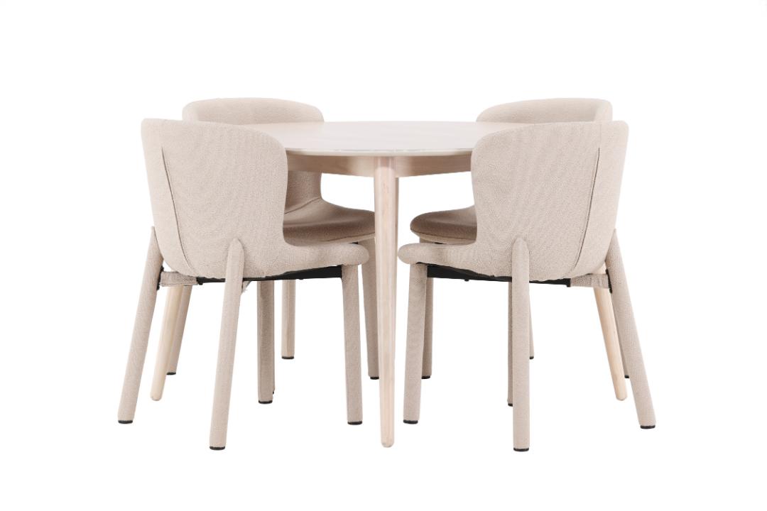 Flora spisebordssæt bord Ø120cm og 4 stole whitewash, beige