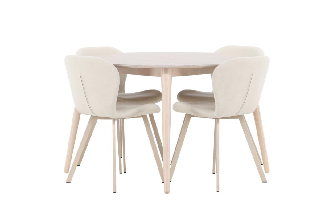 Flora spisebordssæt bord Ø120cm og 4 stole whitewash, beige