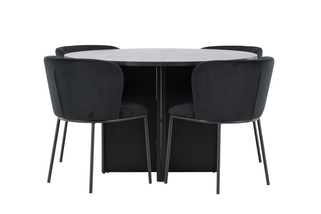 Strada spisebordssæt udtræksbord Ø120cm, 170cm og 4 stole sort