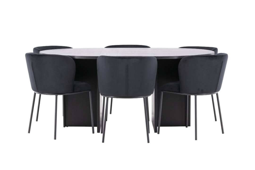 Strada spisebordssæt udtræksbord Ø120cm, 170cm og 6 stole sort