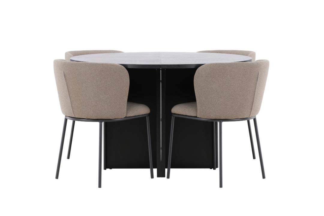 Strada spisebordssæt udtræksbord Ø120cm, 170cm og 4 stole sort, brun