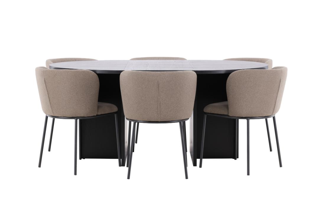 Strada spisebordssæt udtræksbord Ø120cm, 170cm og 6 stole sort, brun