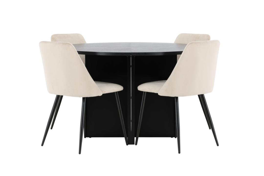 Strada spisebordssæt udtræksbord Ø120cm, 170cm og 4 stole sort, beige