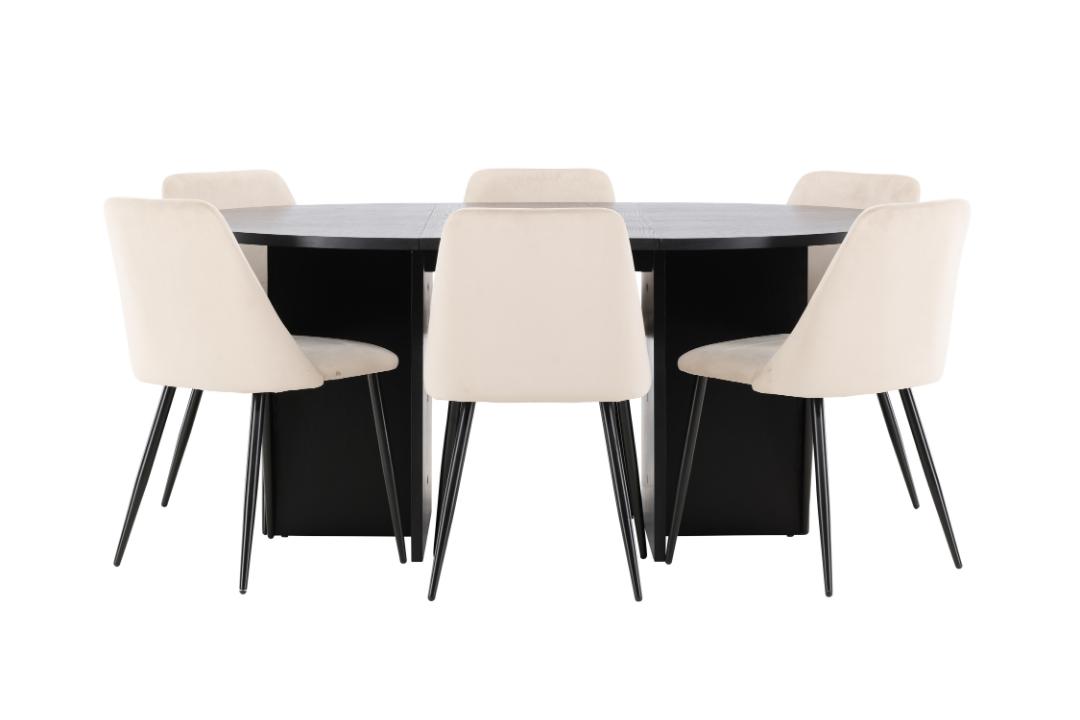 Strada spisebordssæt udtræksbord Ø120cm, 170cm og 6 stole sort, beige